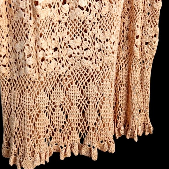 70s Hand Crochet Neutral Beige Maxi Floral Bell Sleeve Boho Volup XL–5X NWOT - Picture 8 of 12